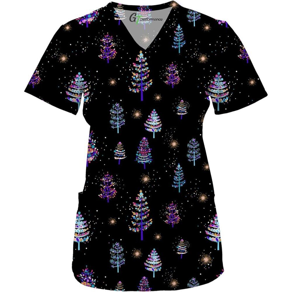 Women’s Scrubs V-Neck Short Sleeve Holiday Print Top Comfortable Stretcher